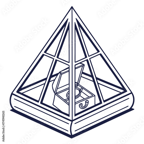 Isometric pyramid display case showcasing an open box with wedding rings inside