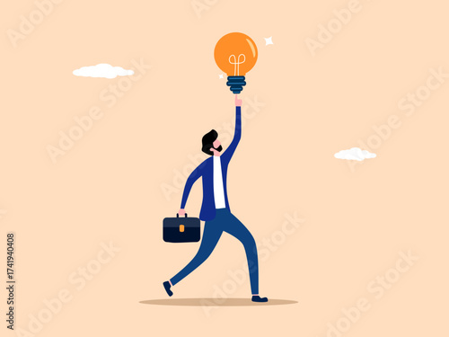 thought process, the discovery, smart businessman transmits the current to make the light bulb light up