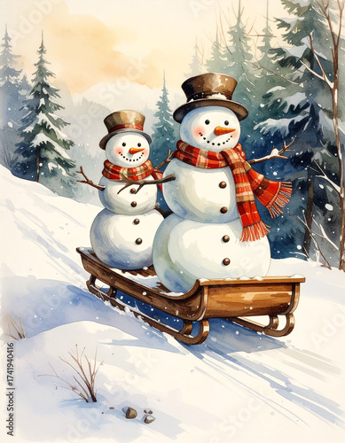Two Christmas Snowmen in winter forest sledding down  hill on wooden sled. Watercolor New Year card.