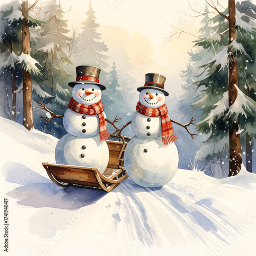 Two Christmas Snowmen in winter forest sledding down  hill on wooden sled. Watercolor New Year card.