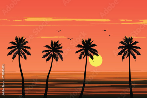 Silhouetted palm trees against a vibrant orange and yellow sunset scene