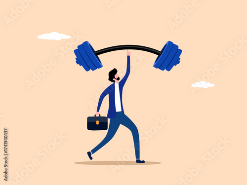 Energetic businessman lifting weights with index finger