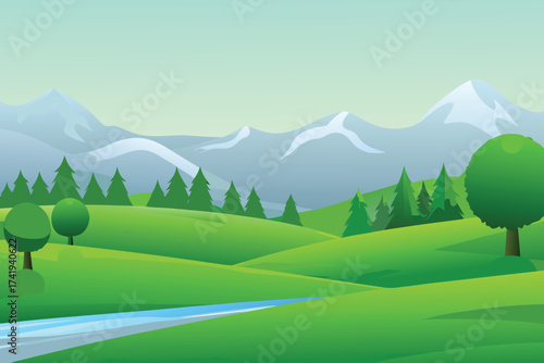 Peaceful landscape with green hills trees mountains and a flowing river