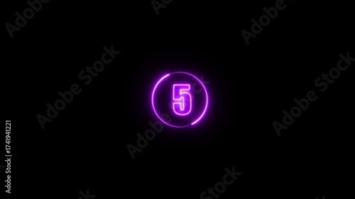 Glowing neon purple color five number text sign icon animation. neon text 5 number countdown icon on black background.