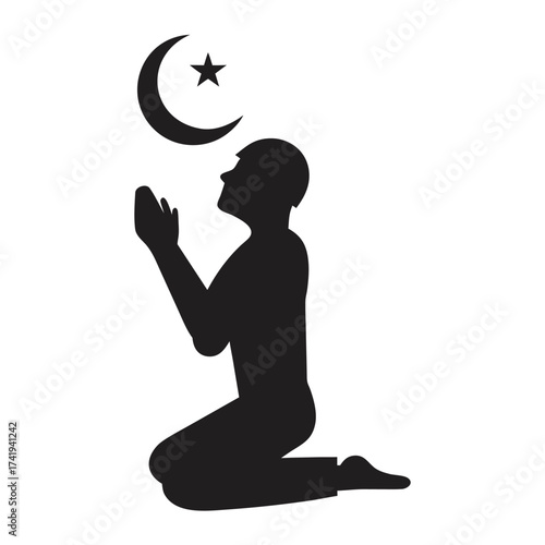 Silhouette of a kneeling man in prayer with islamic crescent moon