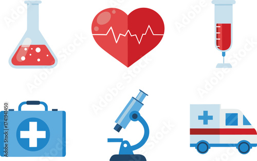 Medical icons displaying laboratory equipment heart health and emergency services