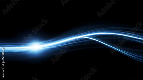 A smooth, flowing abstract image featuring blue light trails against a dark background, evoking a sense of speed and motion