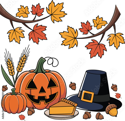 Autumn harvest scene with pumpkins leaves and thanksgiving elements