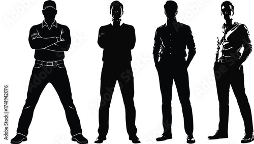 Four silhouettes of men in business casual attire posed confidently standing together