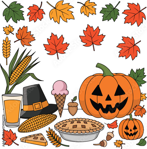 Autumn harvest illustration featuring pumpkins leaves and seasonal treats