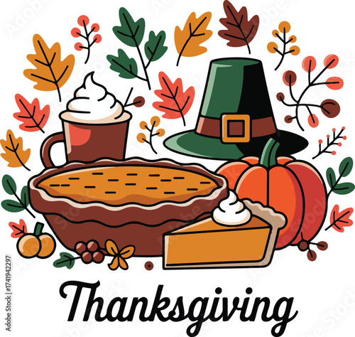 Autumn harvest with pumpkin pie hat and festive fall decorations