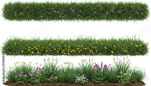 Green grass border with yellow flowers, purple blossoms, wild meadow plants, natural garden vegetation, outdoor floral background, decorative spring landscape, lush foliage