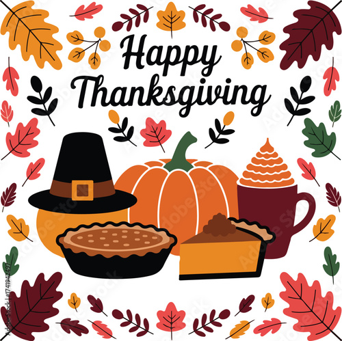 Festive thanksgiving illustration featuring autumn leaves pumpkin pie and pilgrim hat