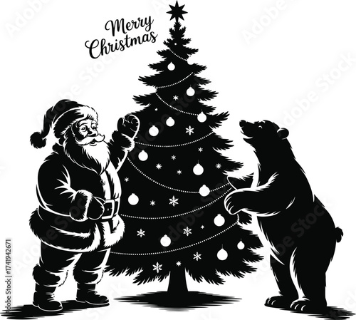 santa claus and christmas tree , a black silhouette art vector for people