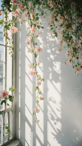 Soft sunlight casts shadows on wall with hanging pink flowers