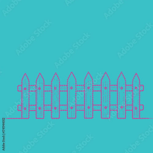 Stylized dotted outline of a decorative picket fence with pointed tops and horizontal support bars on a vibrant turquoise