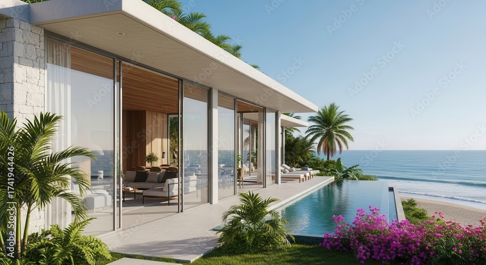 Fototapeta premium A contemporary coastal house featuring expansive glass doors an infinity pool sandy beach and lush tropical foliage