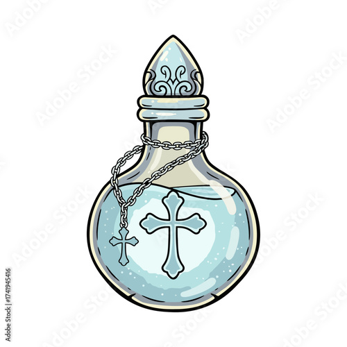 Sacred Potion Bottle with Rosary Chain. Cartoon Holy Water Potion Bottle Vector Illustration.