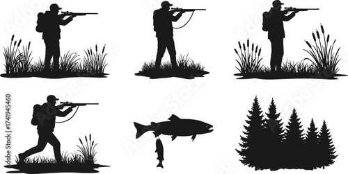 Silhouette of hunters with rifles, wild nature landscape, forest and fishing scene illustration for outdoor adventure and wildlife vector design