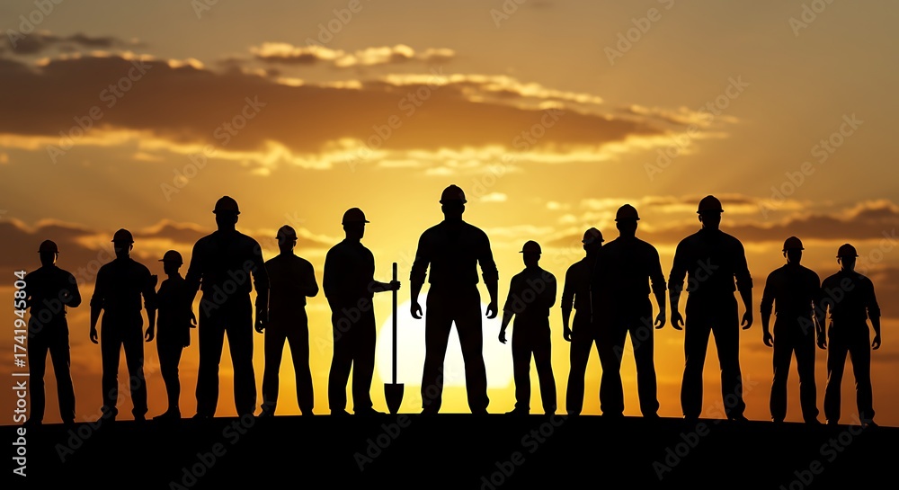 Fototapeta premium Skilled workers building future at sunset silhouette