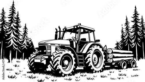 Rural Tractor in Forest Scene Silhouette