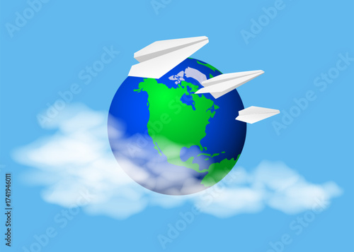 Planet Earth an flying paper planes
