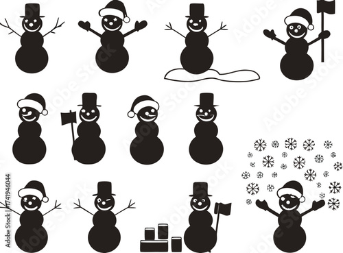 Snowman silhouettes set illustrated on white

