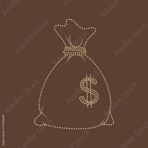 Stylized outline of a money bag with a dollar sign, composed of small dots on a brown , symbolizing wealth and finance concepts