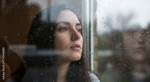 A person with dark hair looks through a rain-covered window with droplets distorting the view