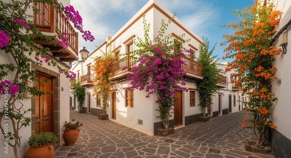 Fototapeta premium A picturesque street with whitewashed buildings adorned with vibrant flowering vines wooden balconies and a stone-paved path
