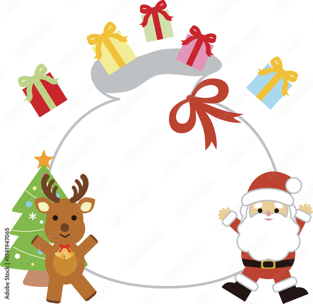 Fototapeta premium Christmas Frame with Santa Claus, Reindeer, and Gift Boxes (Copy Space)