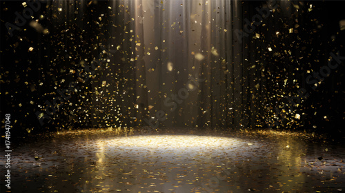 A spotlight shining down on a circular platform surrounded by golden particles in a dark setting