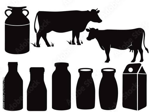 Cow silhouette and milk bottles illustrated on white

