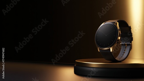 Elegant gold watch displayed on a sleek pedestal against a dark backdrop, highlighting its luxury design