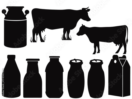 Cow silhouette and milk bottles illustrated on white

