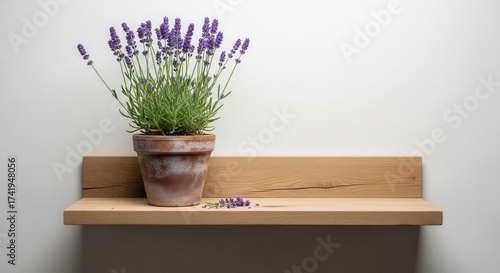 A terracotta potted lavender plant with purple flowers and green foliage rests on a natural wood shelf against a light wall with scattered lavender sprigs