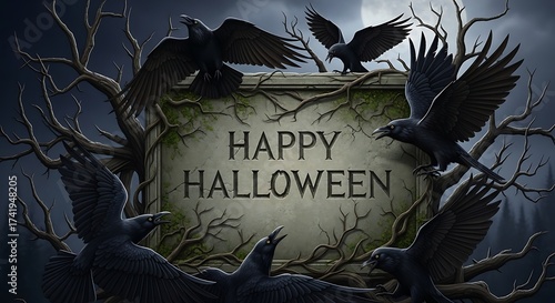 Happy Halloween spooky crows surrounding tombstone with text