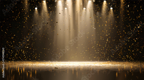A dramatic stage scene with golden confetti falling under bright spotlight beams