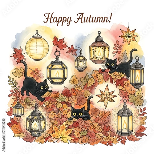 Whimsical autumn scene with playful black cats nestled among colorful falling leaves and glowing vintage lanterns