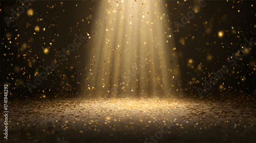 A dramatic stage scene with golden confetti falling under bright spotlight beams
