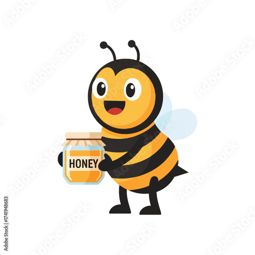 A cheerful and friendly cartoon bee character happily holding a jar of delicious golden honey, isolated on a white background