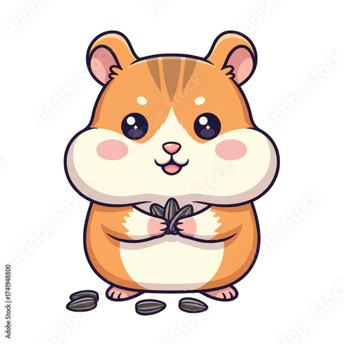 Adorable cartoon hamster holding sunflower seeds in its paws, illustration of a cute small rodent with fluffy cheeks enjoying a healthy snack, perfect for children's books and pet lovers