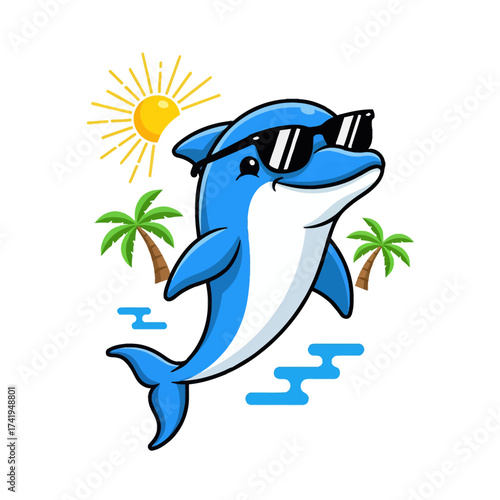 Playful cartoon dolphin wearing cool sunglasses, enjoying a sunny tropical beach vacation with palm trees and a vibrant ocean splash, perfect for summer holidays and lively design projects