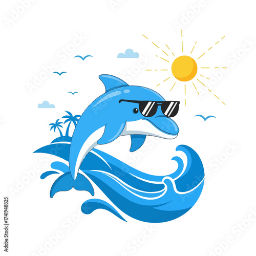 Cool Dolphin with Sunglasses Jumping Through Waves Under a Sunny Sky