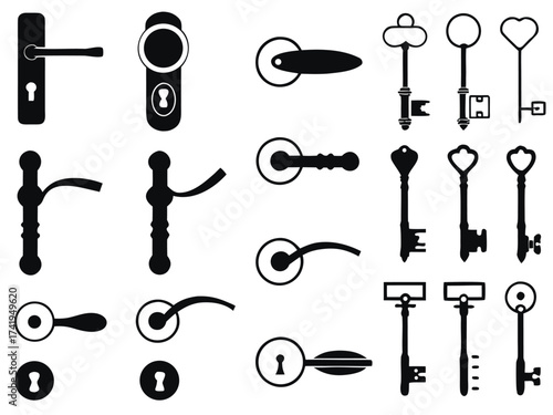 Door knobs and old keys set illustrated on white

