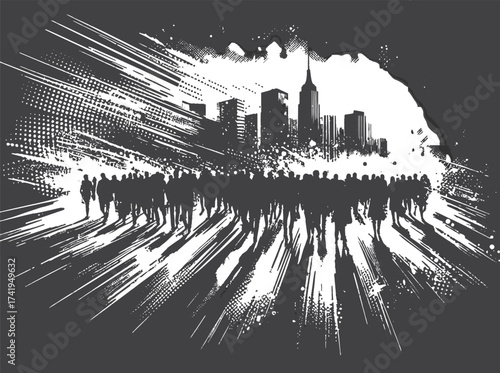 A dense crowd of silhouetted people stands before a modern city skyline. Bold white streaks and halftone patterns convey motion, energy, and urban drama