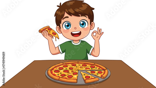 Happy cartoon boy eating pizza, delicious food illustration, child enjoying meal, pepperoni pizza, fast food, tasty slice, dinner table, snack