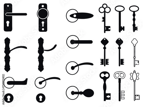 Door knobs and old keys set illustrated on white

