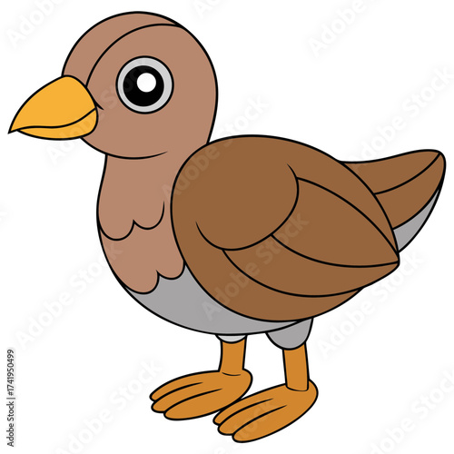 Cartoon sparrow with brown plumage standing on white background