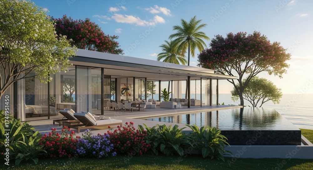 Fototapeta premium Modern glass house with an infinity pool overlooking the ocean at sunset surrounded by vibrant flowering plants and tropical trees
